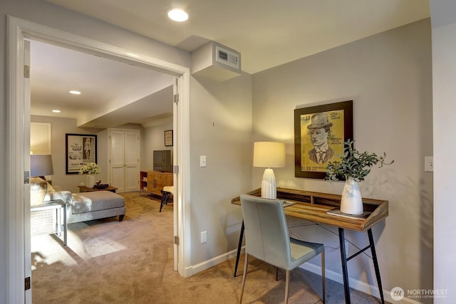 office featuring visible vents, recessed lighting, carpet, and baseboards