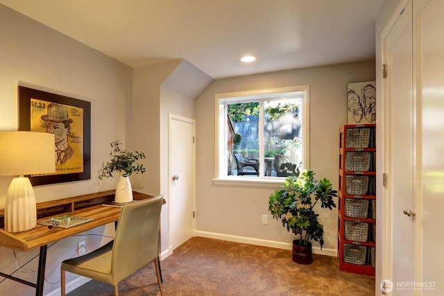 office space featuring carpet flooring, recessed lighting, and baseboards