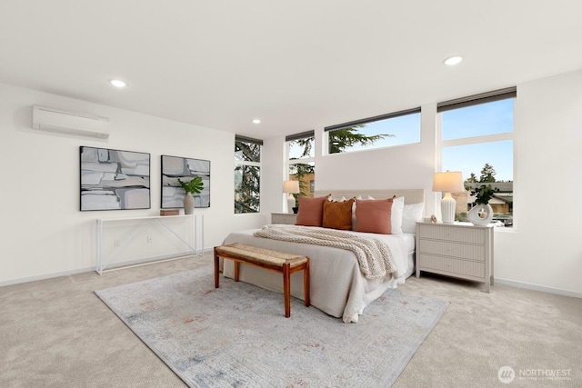 bedroom featuring a wall mounted air conditioner, baseboards, recessed lighting, and carpet flooring