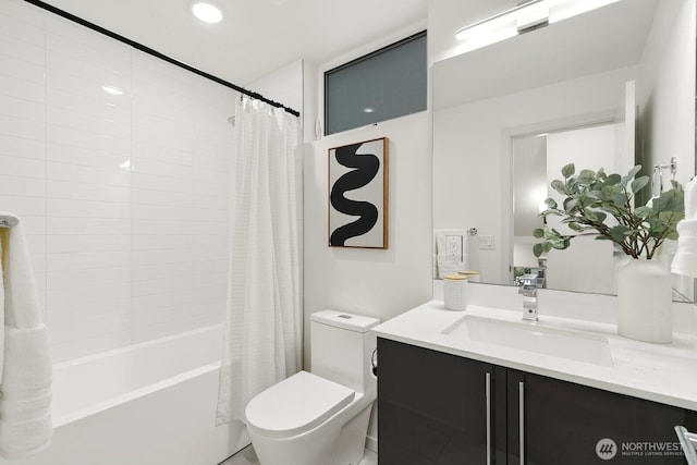 bathroom with shower / tub combo, toilet, and vanity