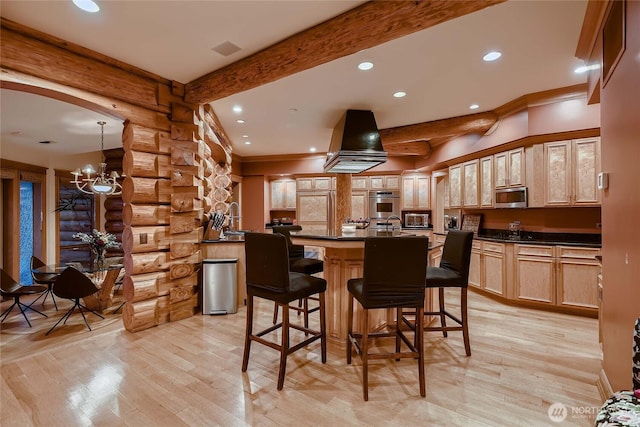 kitchen featuring beamed ceiling, dark countertops, recessed lighting, appliances with stainless steel finishes, and log walls