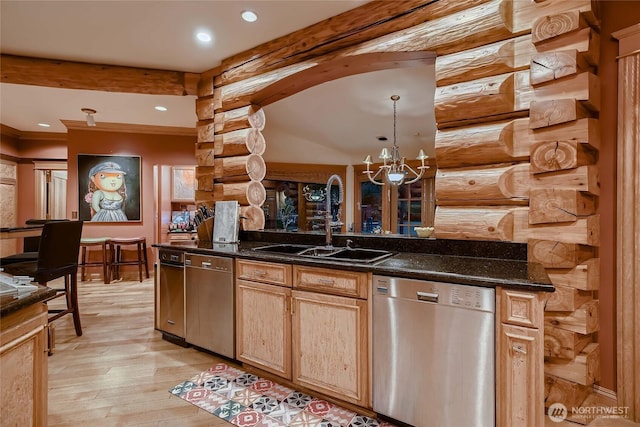 kitchen with a sink, log walls, stainless steel dishwasher, and dishwashing machine