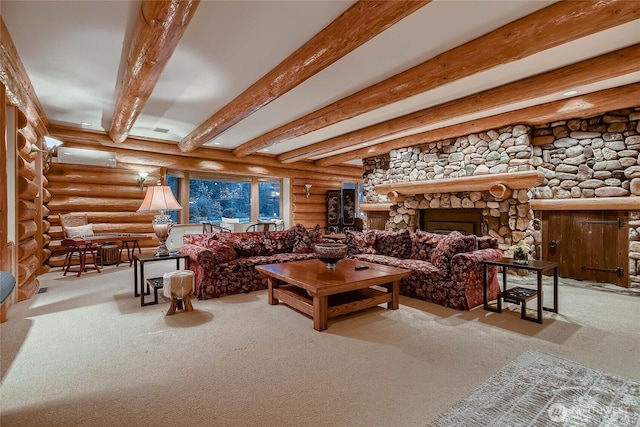 carpeted living area with stairway, log walls, a stone fireplace, an AC wall unit, and beamed ceiling