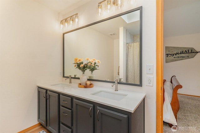 bathroom featuring double vanity, visible vents, baseboards, and a sink