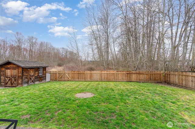 view of yard featuring an outbuilding and a fenced backyard