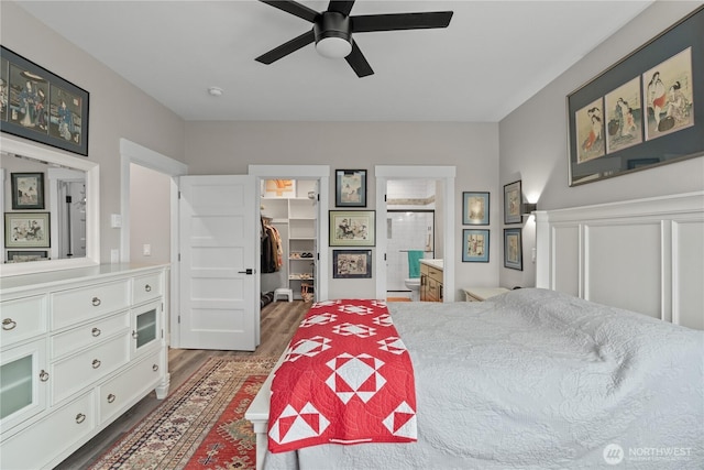 bedroom featuring a walk in closet, a ceiling fan, wood finished floors, connected bathroom, and a closet