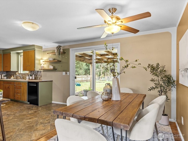 dining room featuring a ceiling fan and baseboards