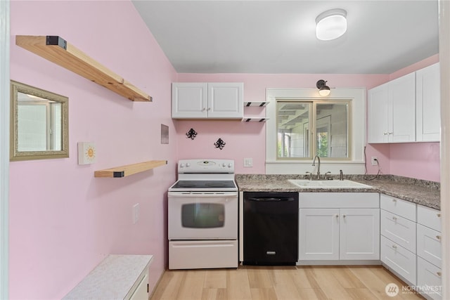 kitchen with light wood-type flooring, white electric range, a sink, white cabinets, and dishwasher