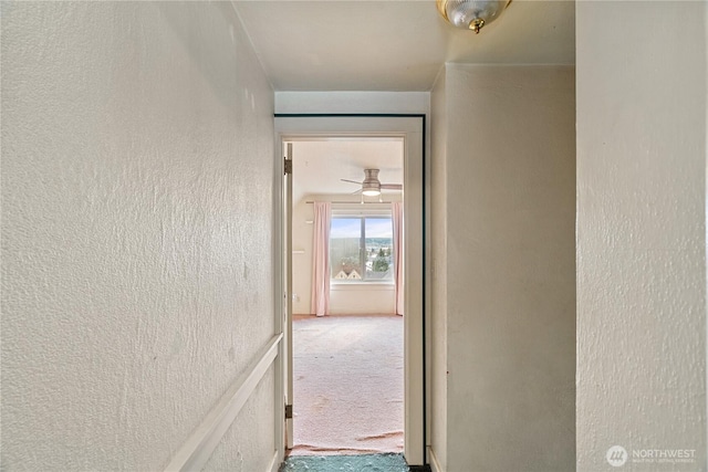 hall with carpet floors and a textured wall