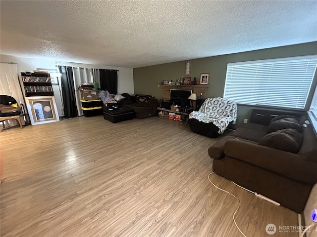 living room with wood finished floors and a textured ceiling