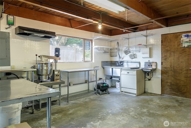 basement featuring a sink, electric panel, and wood ceiling