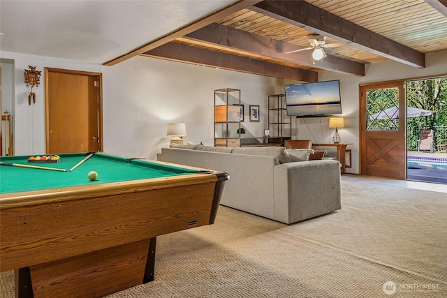 rec room with beamed ceiling, carpet flooring, wooden ceiling, ceiling fan, and pool table