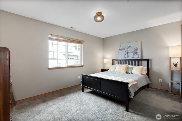 bedroom with carpet flooring, baseboards, and visible vents