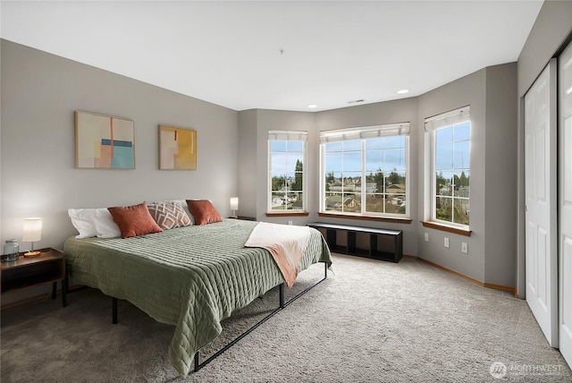 bedroom with carpet flooring, recessed lighting, and baseboards