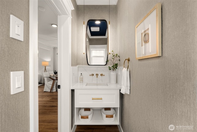 bathroom featuring wood finished floors and vanity