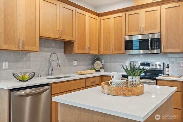 kitchen with light countertops, backsplash, appliances with stainless steel finishes, and a sink