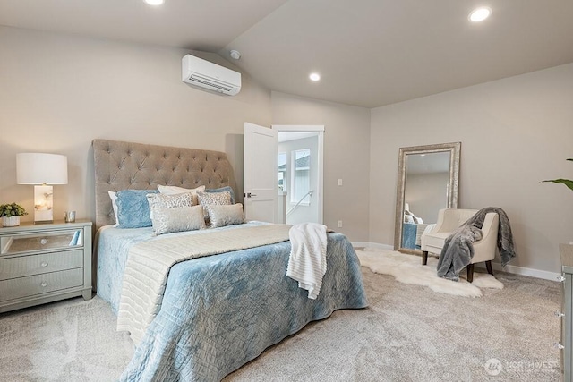 bedroom with lofted ceiling, a wall unit AC, recessed lighting, and carpet floors