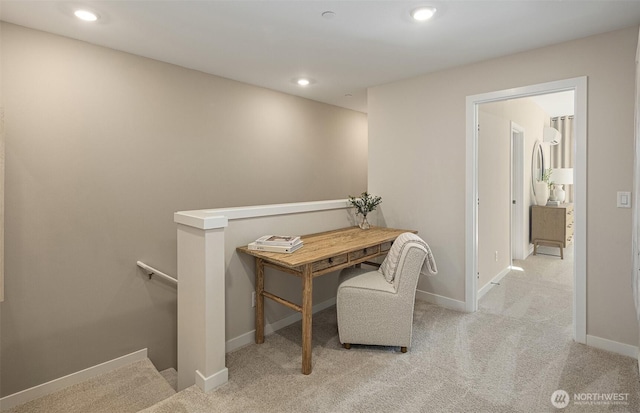 carpeted home office with recessed lighting and baseboards