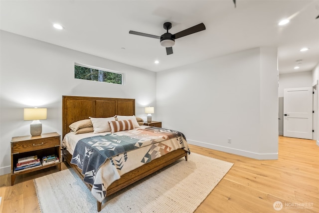 bedroom featuring recessed lighting, baseboards, ceiling fan, and light wood finished floors