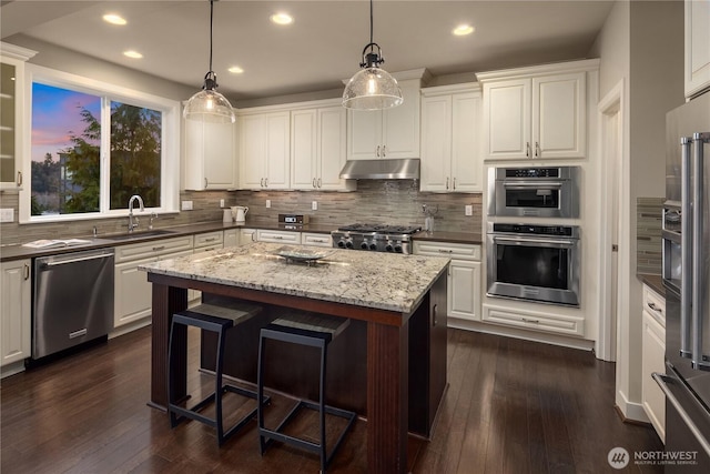 kitchen with a kitchen island, under cabinet range hood, a breakfast bar, stainless steel appliances, and a sink