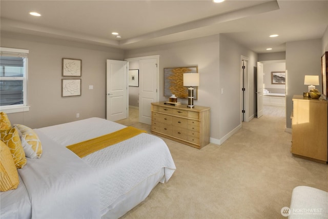 bedroom featuring a tray ceiling, recessed lighting, light colored carpet, and baseboards