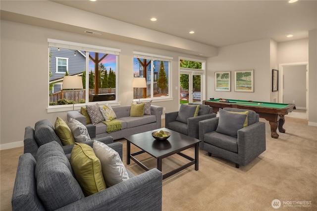 living area featuring recessed lighting, light colored carpet, billiards, and baseboards