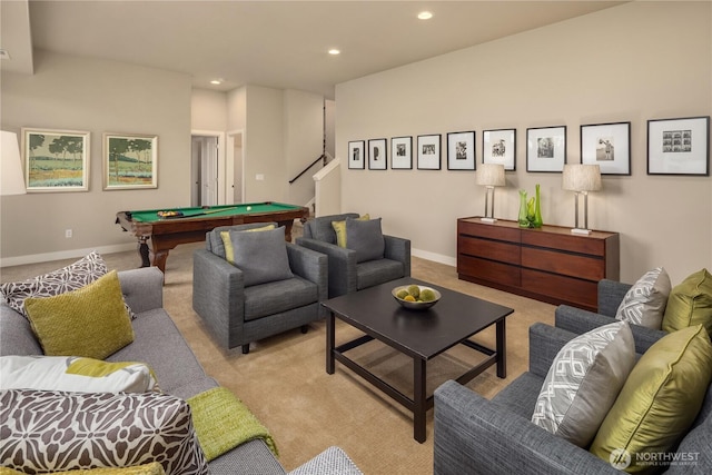 living area featuring baseboards, stairs, light carpet, recessed lighting, and billiards