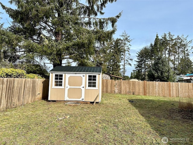 view of shed featuring a fenced backyard