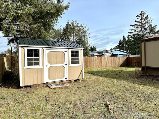 view of shed with a fenced backyard