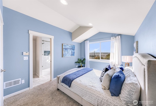 carpeted bedroom with visible vents, ensuite bathroom, recessed lighting, baseboards, and vaulted ceiling