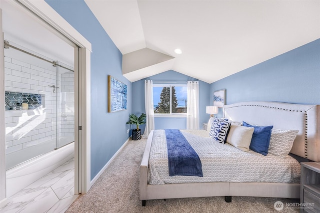 bedroom with marble finish floor, baseboards, and vaulted ceiling