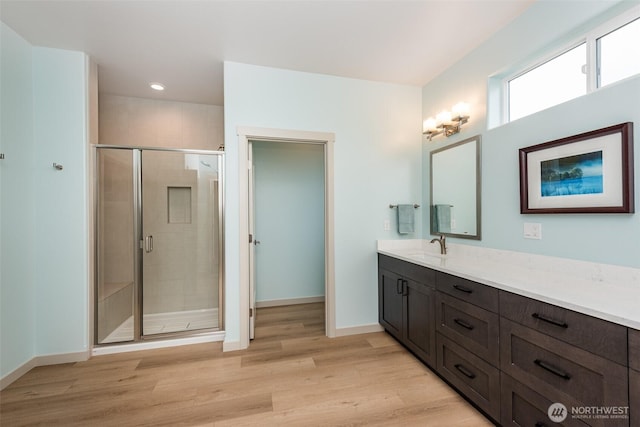 30 Sundae Dr, Sequim, WA 98382 - full bath featuring a shower stall, vanity, baseboards, and wood finished floors