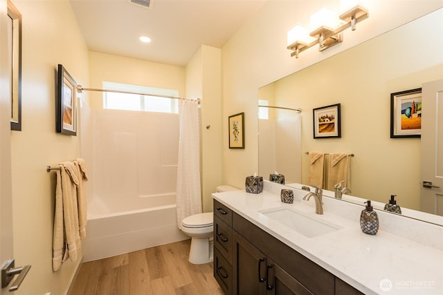 30 Sundae Dr, Sequim, WA 98382 - bathroom with shower / bathtub combination with curtain, visible vents, toilet, wood finished floors, and vanity