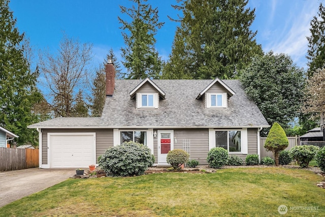 cape cod-style house featuring a shingled roof, a front lawn, fence, driveway, and an attached garage