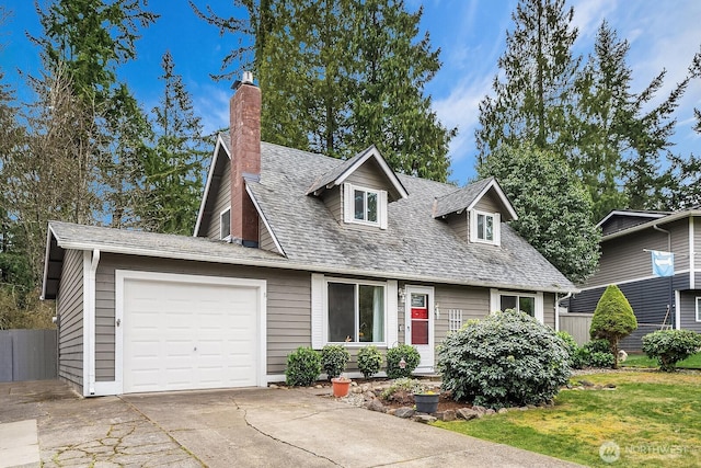 cape cod home with a shingled roof, fence, concrete driveway, a chimney, and a garage