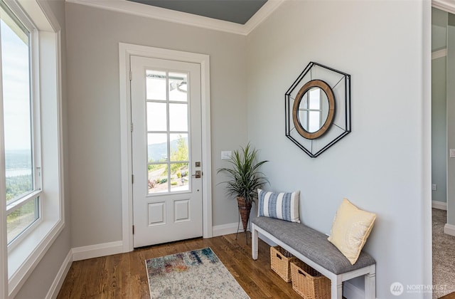 doorway featuring baseboards, wood finished floors, and crown molding