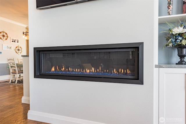 interior details with a glass covered fireplace, baseboards, and wood finished floors