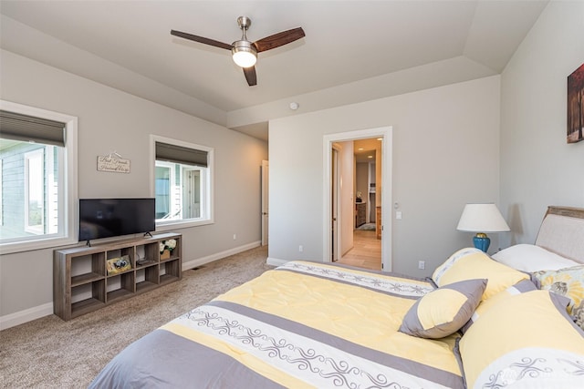 bedroom featuring carpet flooring, baseboards, and ceiling fan