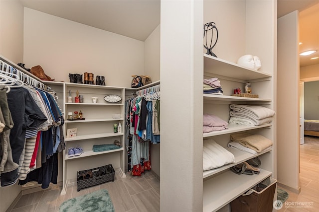 walk in closet featuring wood tiled floor