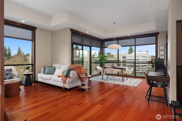 living area featuring a wealth of natural light, a raised ceiling, and wood finished floors