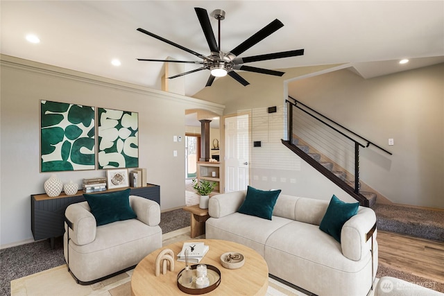 living room with a ceiling fan, recessed lighting, stairway, decorative columns, and baseboards