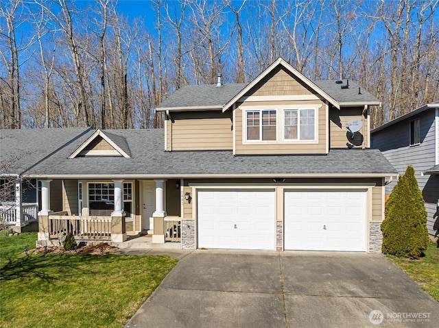 view of front of property with stone siding, a porch, concrete driveway, and a shingled roof