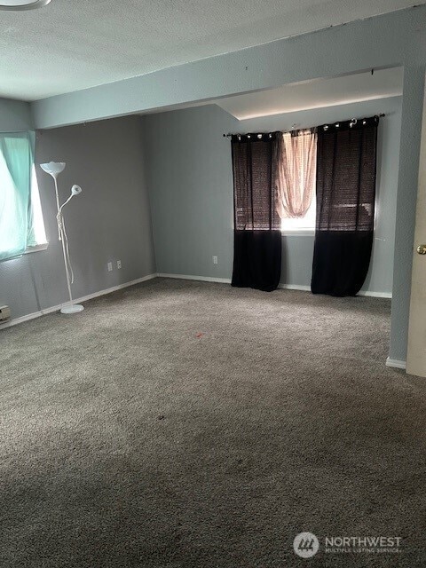 empty room with baseboards, a textured ceiling, and carpet flooring