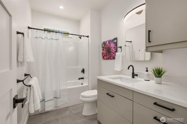 full bath with tile patterned floors, toilet, recessed lighting, shower / tub combo, and vanity