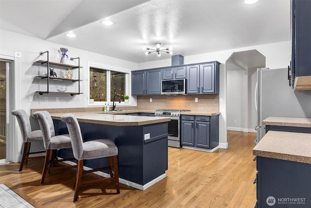 kitchen featuring a kitchen bar, tasteful backsplash, stainless steel appliances, a peninsula, and light wood finished floors