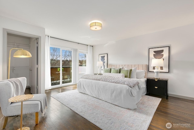 bedroom with dark wood finished floors, access to outside, a spacious closet, and baseboards