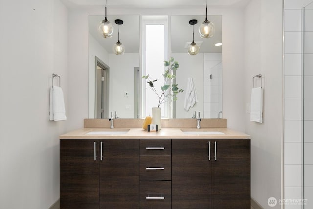 bathroom featuring double vanity, a stall shower, and a sink