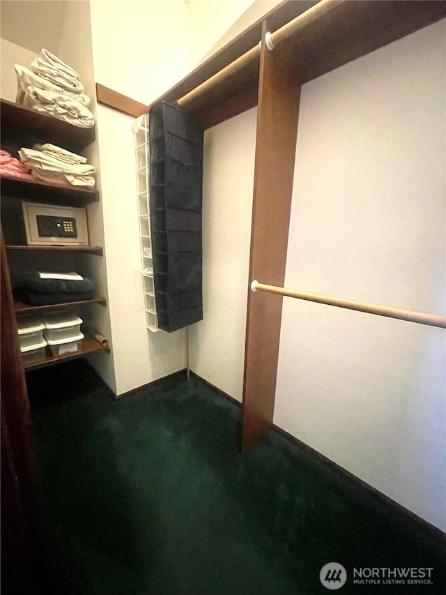 spacious closet featuring dark colored carpet