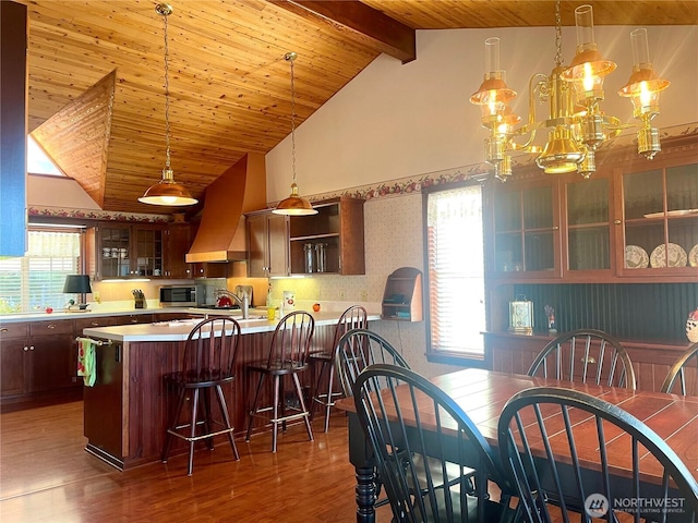 dining space featuring beam ceiling, high vaulted ceiling, wood finished floors, wooden ceiling, and a chandelier