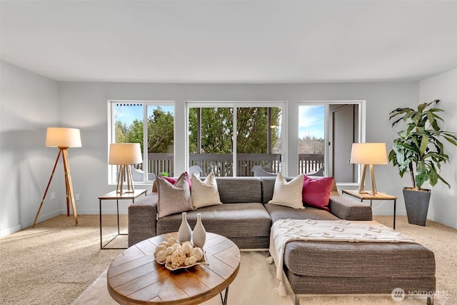 carpeted living area featuring baseboards